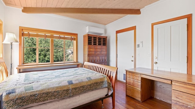 bedroom with wood finished floors, beam ceiling, an AC wall unit, and wood ceiling
