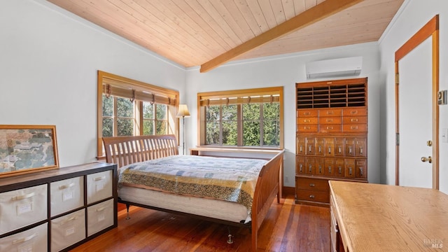 bedroom with a wall unit AC, dark wood finished floors, vaulted ceiling with beams, wooden ceiling, and ornamental molding