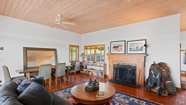 living room featuring a premium fireplace, wood finished floors, a ceiling fan, and wood ceiling