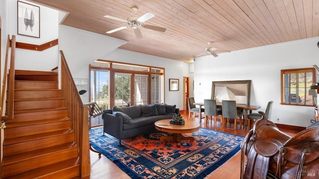 living room featuring wood ceiling, ceiling fan, a healthy amount of sunlight, and wood finished floors