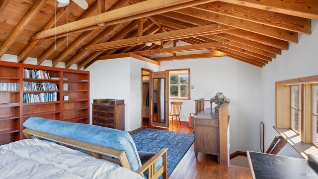 bedroom with wood ceiling, vaulted ceiling with beams, and wood finished floors
