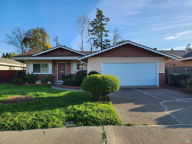 ranch-style house with a garage, concrete driveway, a front lawn, and fence