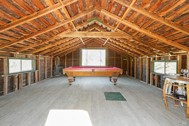 playroom with pool table, vaulted ceiling, and wood finished floors