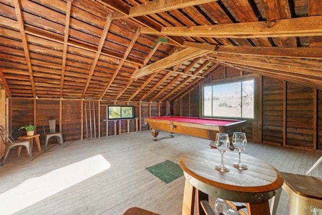 game room with billiards and vaulted ceiling