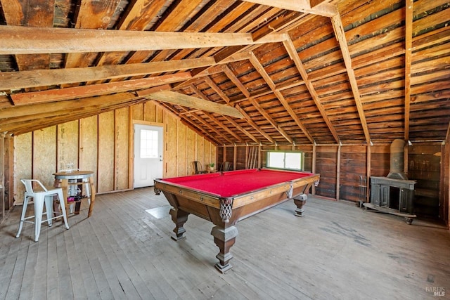 game room with hardwood / wood-style flooring, billiards, and vaulted ceiling