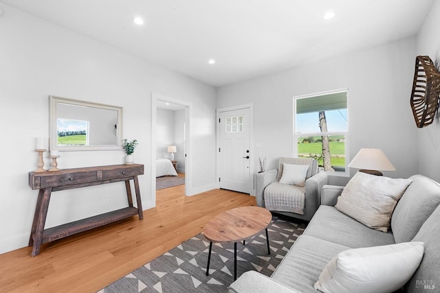 living room featuring recessed lighting, wood finished floors, and baseboards