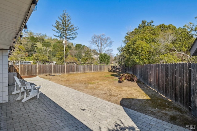 view of patio with a fenced backyard and central AC