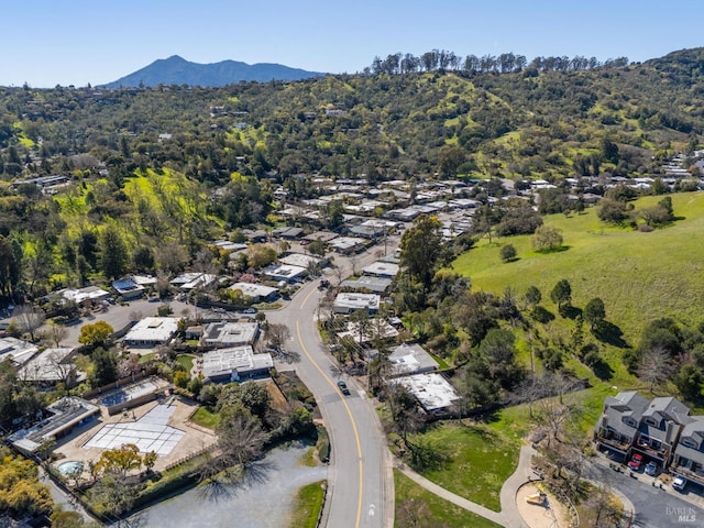 bird's eye view with a forest view and a mountain view