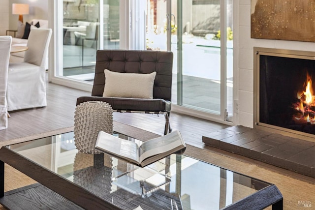 interior space with a lit fireplace and wood finished floors