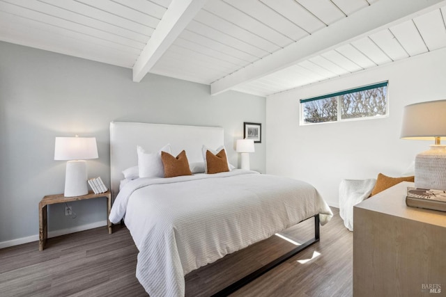 bedroom with wood ceiling, beamed ceiling, wood finished floors, and baseboards