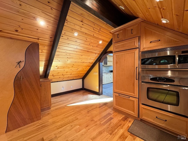 interior space with wooden ceiling, baseboards, light wood-type flooring, and lofted ceiling with beams