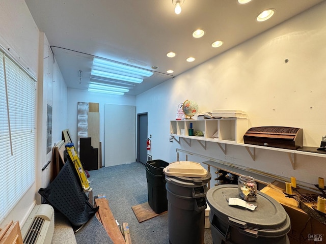 misc room with recessed lighting, carpet, and a wall mounted air conditioner