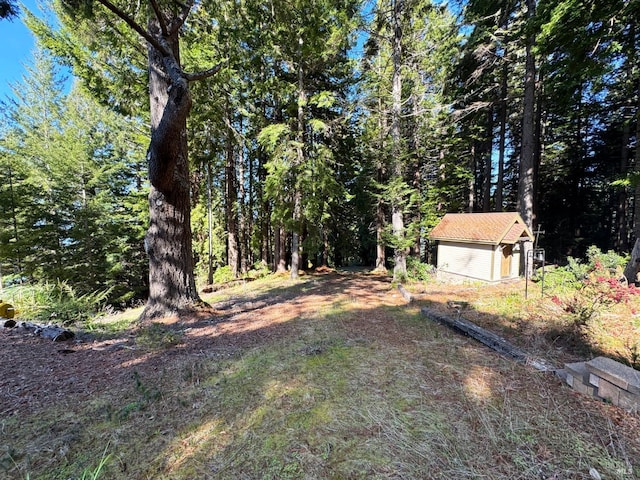 view of yard featuring a storage unit, a forest view, and an outdoor structure