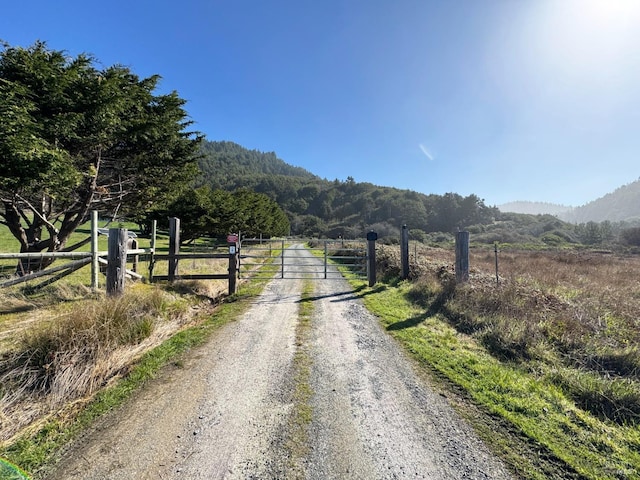 view of road featuring a gate, a rural view, and a mountain view