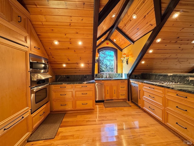 kitchen with wooden ceiling, stainless steel appliances, lofted ceiling with beams, and light wood-style floors