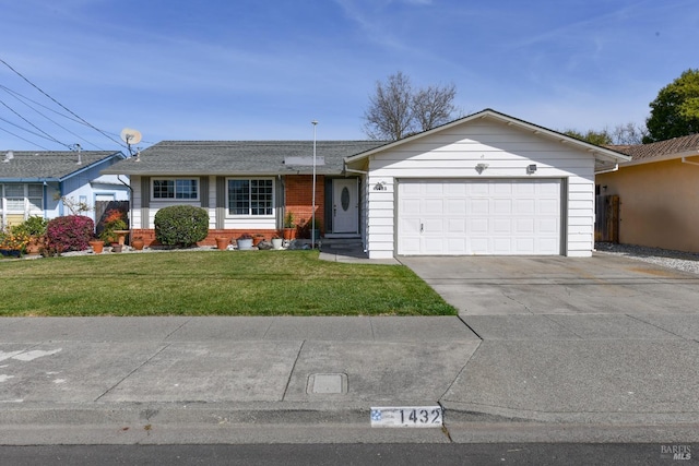 single story home with a front lawn, concrete driveway, brick siding, and a garage