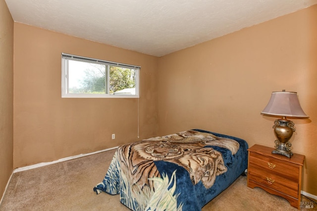 bedroom with a textured ceiling, baseboards, and carpet floors