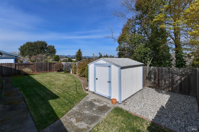 view of shed with a fenced backyard