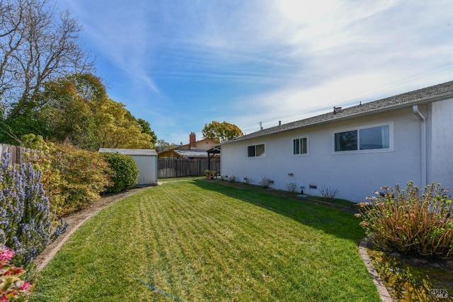 view of yard with a storage unit, an outbuilding, and a fenced backyard