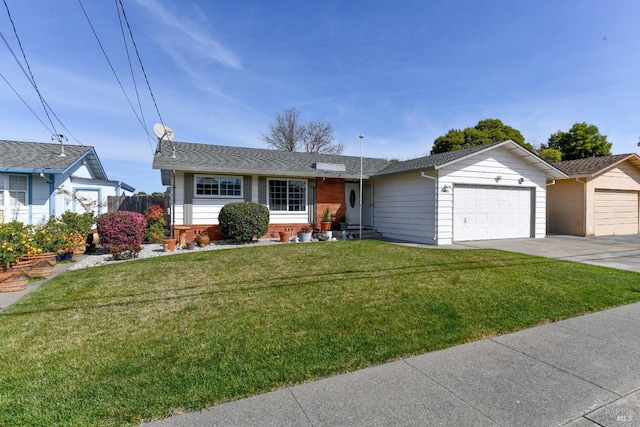 ranch-style house featuring brick siding, a front lawn, fence, concrete driveway, and a garage