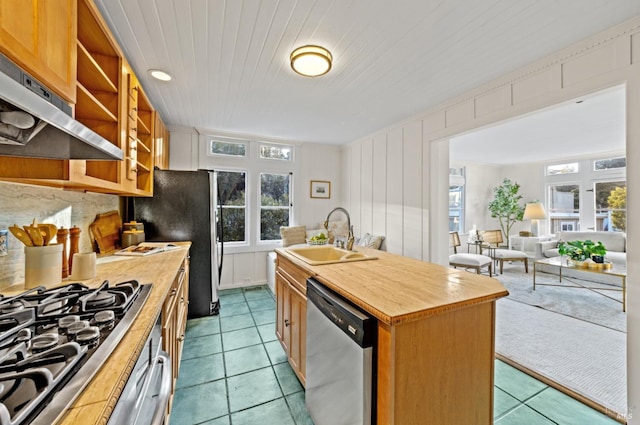 kitchen featuring a sink, open shelves, under cabinet range hood, appliances with stainless steel finishes, and decorative backsplash