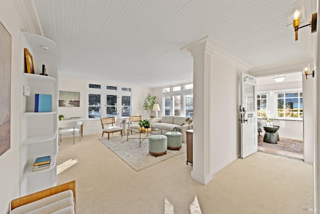 carpeted living area with a wealth of natural light and crown molding