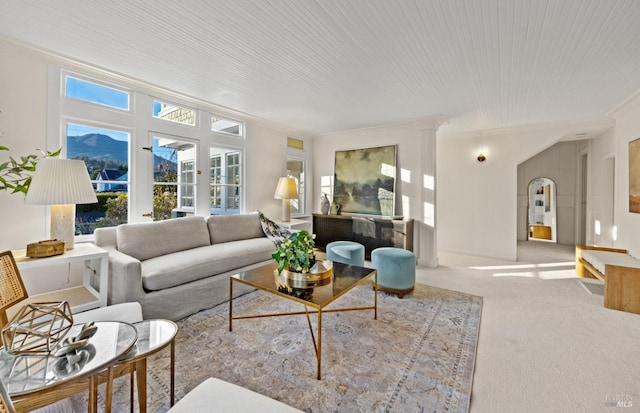 living room with ornamental molding and carpet flooring