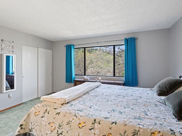 bedroom with baseboards, a closet, carpet floors, and a textured ceiling