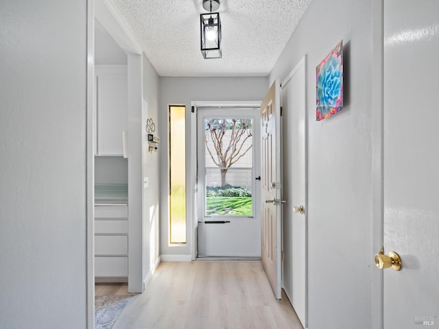 doorway with a wealth of natural light, light wood finished floors, and a textured ceiling