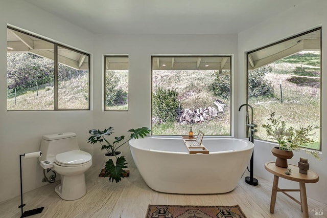 bathroom with wood finished floors, toilet, and a freestanding tub