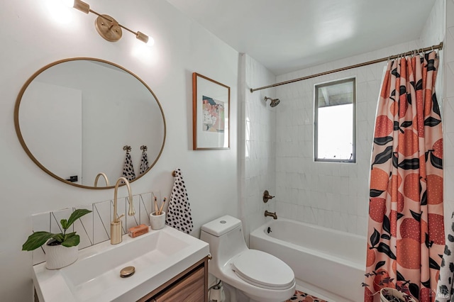 full bathroom with shower / bath combination with curtain, toilet, and vanity