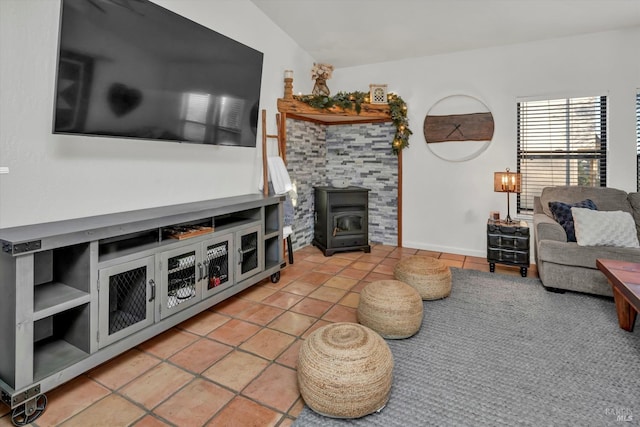 tiled living room with a wood stove