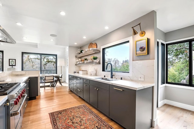 kitchen with plenty of natural light, high end stainless steel range, and a sink