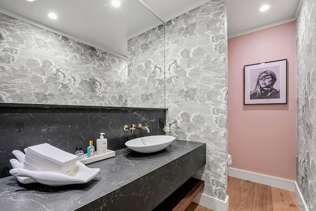 bathroom featuring wood finished floors, baseboards, recessed lighting, a sink, and toilet