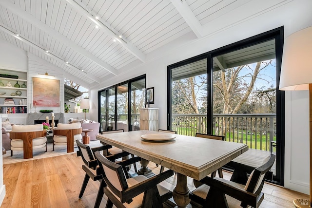 sunroom / solarium with rail lighting and vaulted ceiling with beams