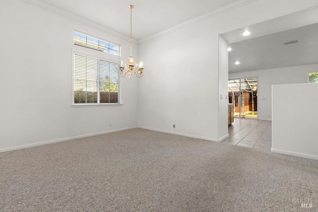 carpeted spare room featuring baseboards, a chandelier, ornamental molding, recessed lighting, and tile patterned floors