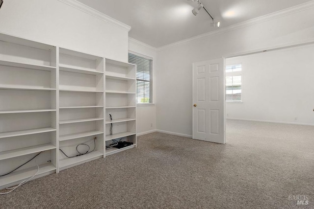 interior space featuring rail lighting, baseboards, and crown molding