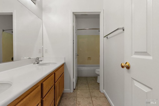 bathroom featuring tile patterned flooring, shower / washtub combination, toilet, double vanity, and a sink