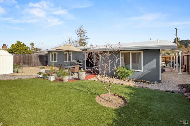 back of house featuring a patio, a yard, a fenced backyard, and stucco siding