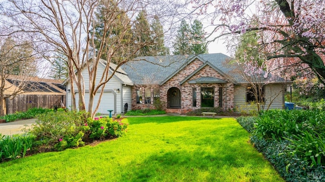 view of front facade with brick siding, a shingled roof, a front lawn, fence, and an attached garage