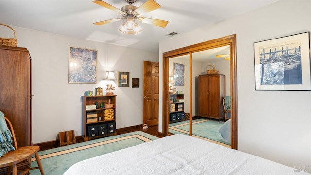 bedroom with a closet, visible vents, ceiling fan, and baseboards