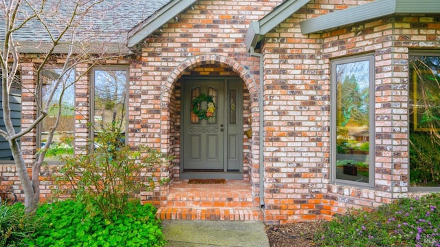 doorway to property featuring brick siding and roof with shingles