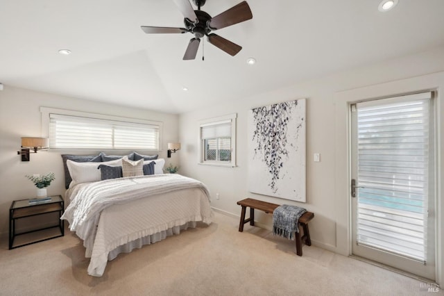 bedroom with light carpet, lofted ceiling, recessed lighting, baseboards, and ceiling fan