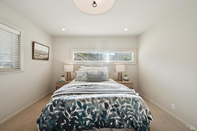 bedroom with carpet flooring, recessed lighting, and baseboards