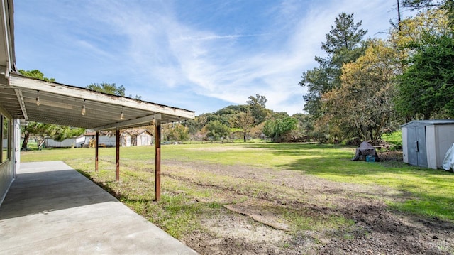 view of yard featuring a storage shed and an outdoor structure