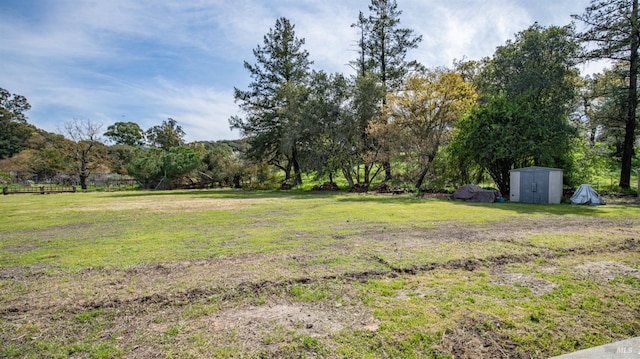 view of yard with an outbuilding and a shed