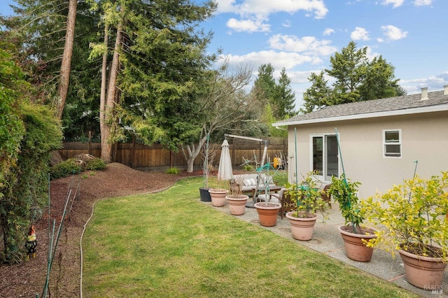 view of yard featuring a fenced backyard and a patio area