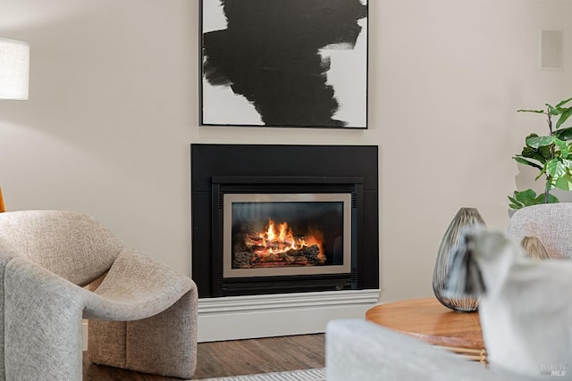 room details with a glass covered fireplace and wood finished floors