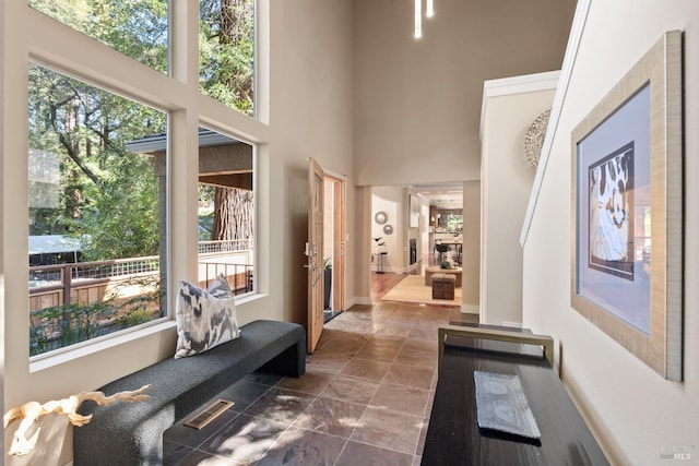 interior space featuring visible vents, baseboards, and a high ceiling