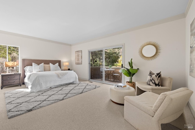 carpeted bedroom with access to exterior, crown molding, and baseboards